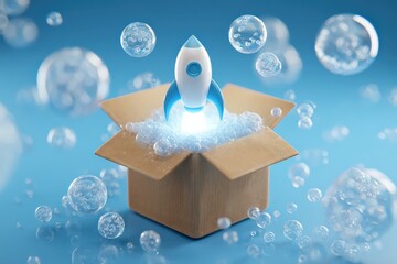 A whimsical rocket emerges from a cardboard box surrounded by bubbles on a blue background, symbolizing creativity and innovation.