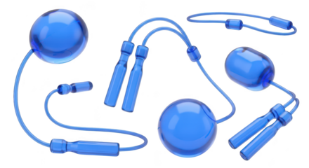 Transparent blue jump ropes arranged on white background; illustrating exercise equipment health wellness fitness concepts and ideas