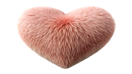 Close up of a fluffy pink heart shaped pillow against a Transparent Background in soft focus style