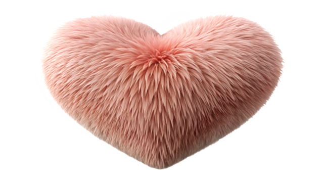 Close up of a fluffy pink heart shaped pillow against a Transparent Background in soft focus style