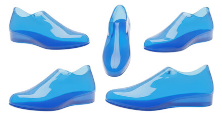 Blue transparent shoes arranged against a white backdrop for fashion display