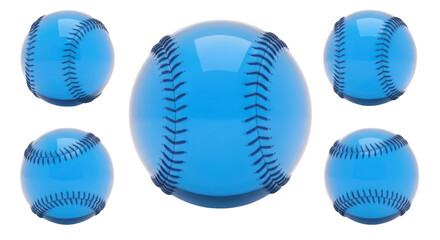 Five glossy blue baseballs rotating in various positions on a white background for sports and design concepts