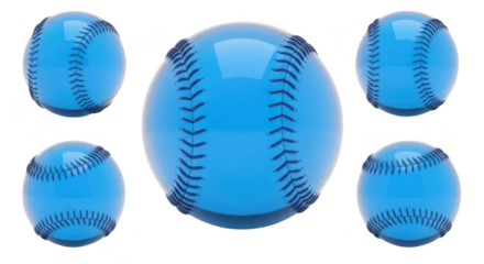 Five glossy blue baseballs rotating in various positions on a white background for sports and design concepts