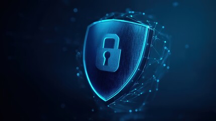 A digital shield featuring a padlock, symbolizing cybersecurity and protection in a high-tech environment.