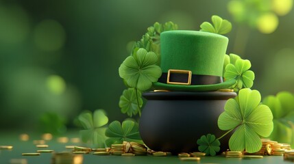 A vibrant green leprechaun hat rests atop a black pot surrounded by clovers and scattered gold coins, evoking themes of luck and St. Patrick's Day.