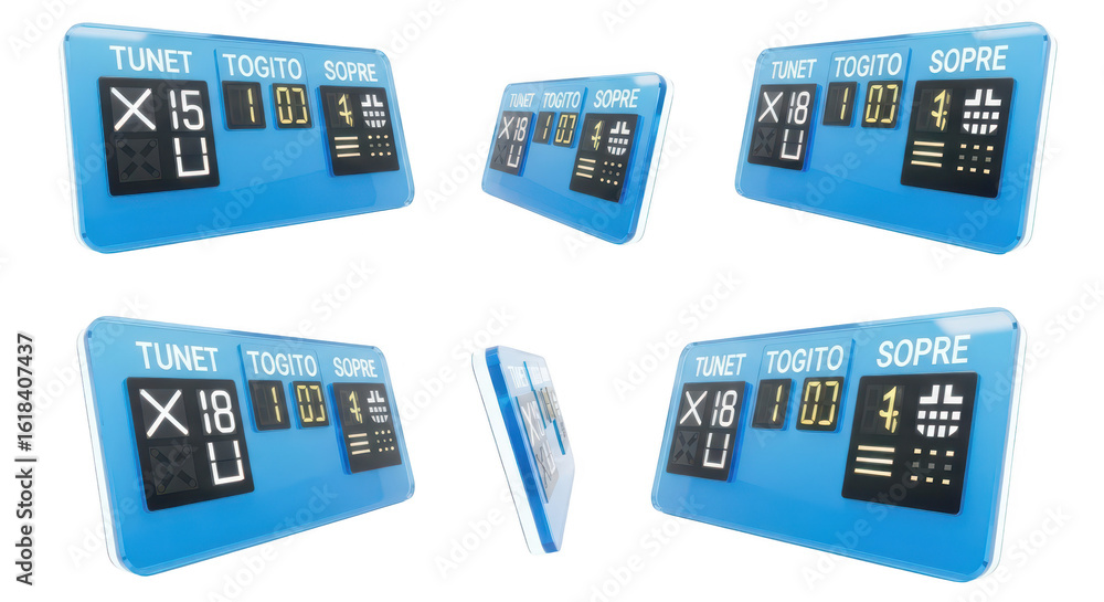 Poster multiple angles of a blue information display screen showing data on a white background ideal for di