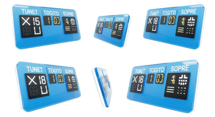 Multiple angles of a blue information display screen showing data on a white background ideal for digital design