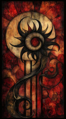 Mystical Abstract Sun and Spiral Symbol on Red Textured Background 