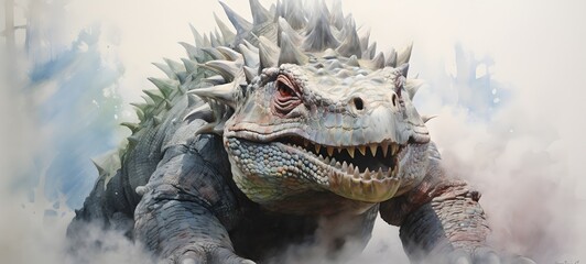 a light Stegosaurus , coming out of the smoke art, generative ai