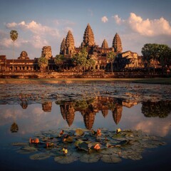 Obraz premium Reflection of Angkor Wat in the lotus-filled pond at dawn