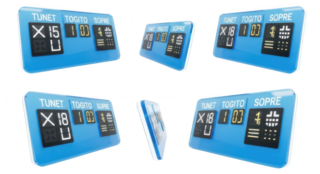 Multiple angles of a blue information display screen showing data on a white background ideal for digital design