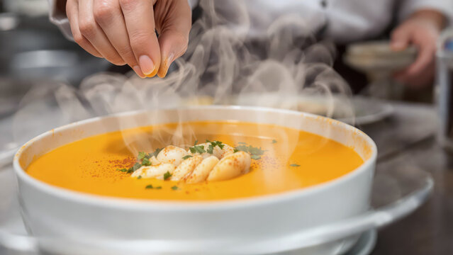 A chef garnishing seafood bisque in a kitchen.