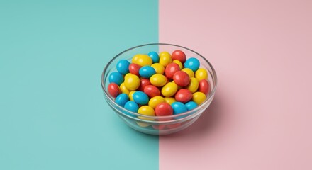 Vibrant candy coated chocolate sweets in a bowl against colorful pink and turquoise studio backdrop