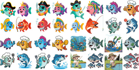 Cartoon Fish Character Collection Pirate, Chef, Scuba Diver, Fisherman, Crowned, and Playful Fish Illustrations