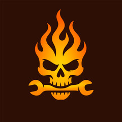 Aggressive skull logo with flaming head and wrench in the mouth