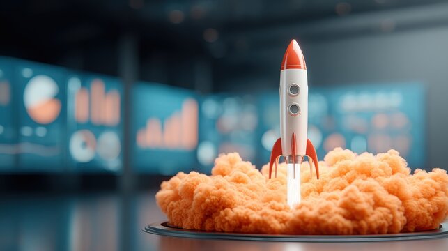 A sleek rocket launches from a cloud of orange smoke, set against a backdrop of blue digital graphs and data visuals.