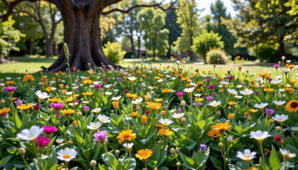 native wildflower patch thriving under shade of ancient tree in conservation area for ecological preservation themes