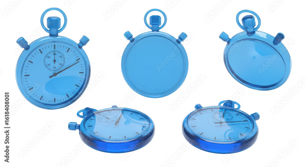 Poster blue stopwatch renders on white varying angles illustrating measurement deadlines progress and time 