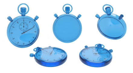 Blue stopwatch renders on white varying angles illustrating measurement deadlines progress and time management concepts for projects and design