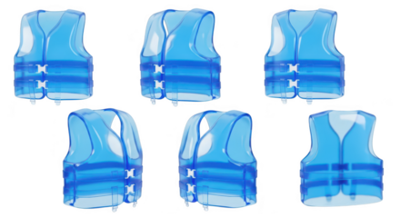 Transparent blue life vests arranged demonstrating safety on white background for water activities & emergency situations