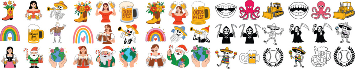 Diverse Cartoon Icon Collage Featuring Oktoberfest, Day of the Dead, Christmas, and Rainbows