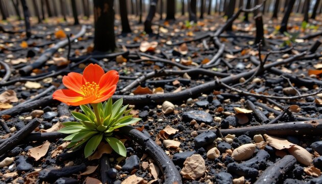 endangered bloom surrounded by charred remains of wildfire damaged forest emphasizing climate change effects