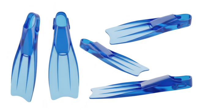 Transparent blue swim fins isolated on white shown in multiple angles for aquatic sports and underwater activities