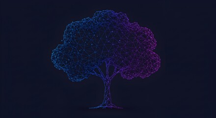 Futuristic Digital Tree of Glowing Plexus Connections on Dark Background, Technology Concept