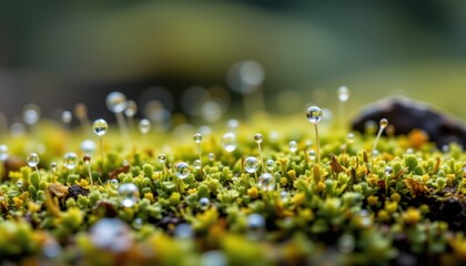 close macro of moss surface with sporophytes emerging in dewdrop covered micro landscape