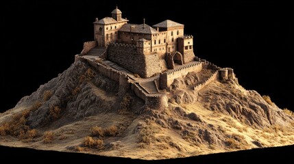 Obraz premium A highly realistic 3D depiction of a medieval castle situated atop a hill, set against a black backdrop. Captured from a low-angle view using a 20mm lens, the structure appears in the bottom right cor