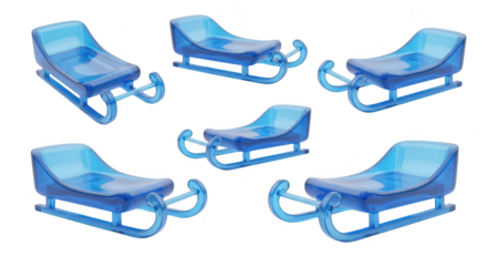 Blue toy sleds arranged in a group formation on a white surface showcasing winter fun perfect for seasonal and childhood imagery