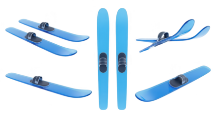 Collection of blue water skis shown in various angles isolated on white background ready for water sport use