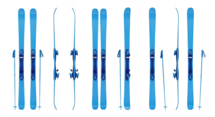 Multiple views of light blue skis and poles arranged symmetrically on white ideal for winter sports marketing