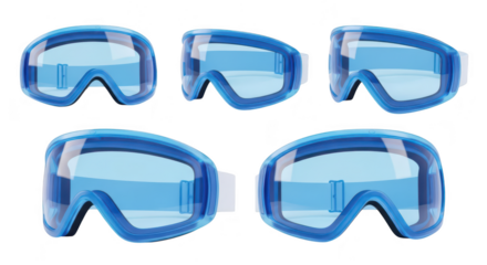 Five blue ski goggles arranged against white background showcasing angles for winter sports or gear advertisements