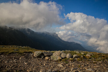 Cloud-Covered Mountain Ridge and Rocky Terrain at Mount Washington Summit