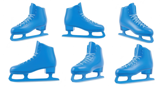 Set of six blue ice skates isolated on white background perfect for winter sports marketing illustrations and promotional materials