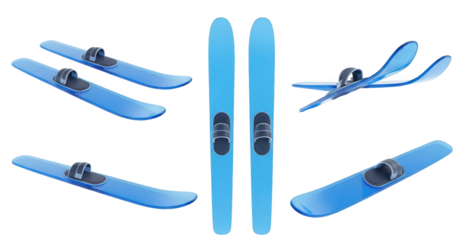 Collection of blue water skis shown in various angles isolated on white background ready for water sport use