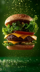 A flying hamburger on a green background. 