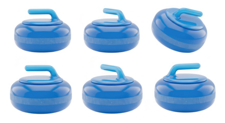 Six blue curling stones isolated depicting multiple angles perfect for sports illustrations and game designs on a white background