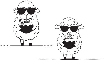 Cartoon sheep wearing sunglasses drinking from coconut, sheep, cartoon, animal, sunglasses, drinking, coconut, straw, flower, summer, vacation, holiday, tropical, beverage, drink, cute, funny, illustr