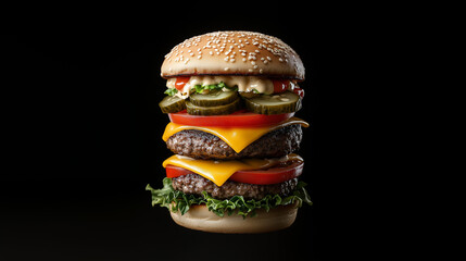 A many levels hamburger on black background.