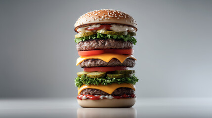 A many levels hamburger on gray background.