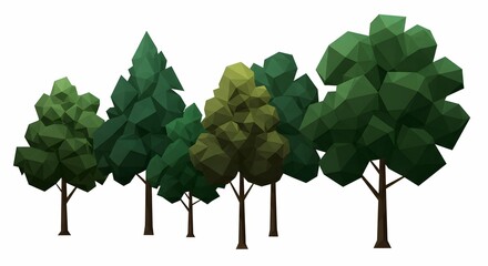Collection of Low Poly Trees in Varying Shades of Green Isolated on White Background