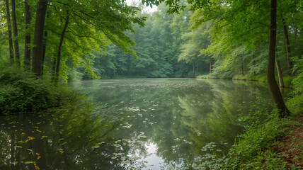 Misty Forest Pond Reflecting Trees and Leaves