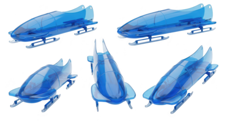 Transparent blue bobsled on white background various angles highlighting its structure for winter sports or design