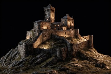 Obraz premium A highly realistic 3D depiction of a medieval castle situated atop a hill, set against a black backdrop. Captured from a low-angle view using a 20mm lens, the structure appears in the bottom right cor