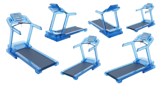 Blue transparent treadmills in various positions on a white background suggesting exercise fitness and workout concepts