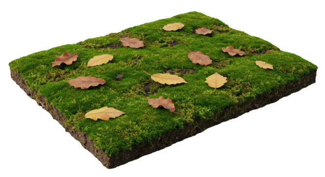 Rectangular patch of moss with fallen leaves.