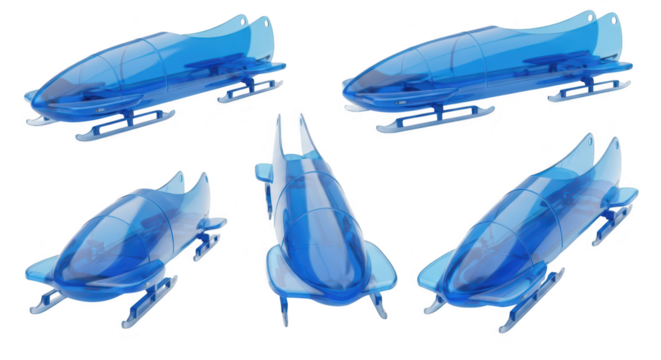 Transparent blue bobsled on white background various angles highlighting its structure for winter sports or design