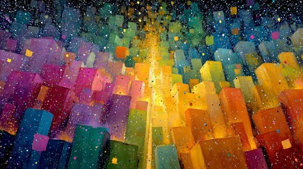 Abstract Colorful 3D Geometric Cityscape With Rainbow Light and Glowing Cubes in a Fantasy Digital Art Style